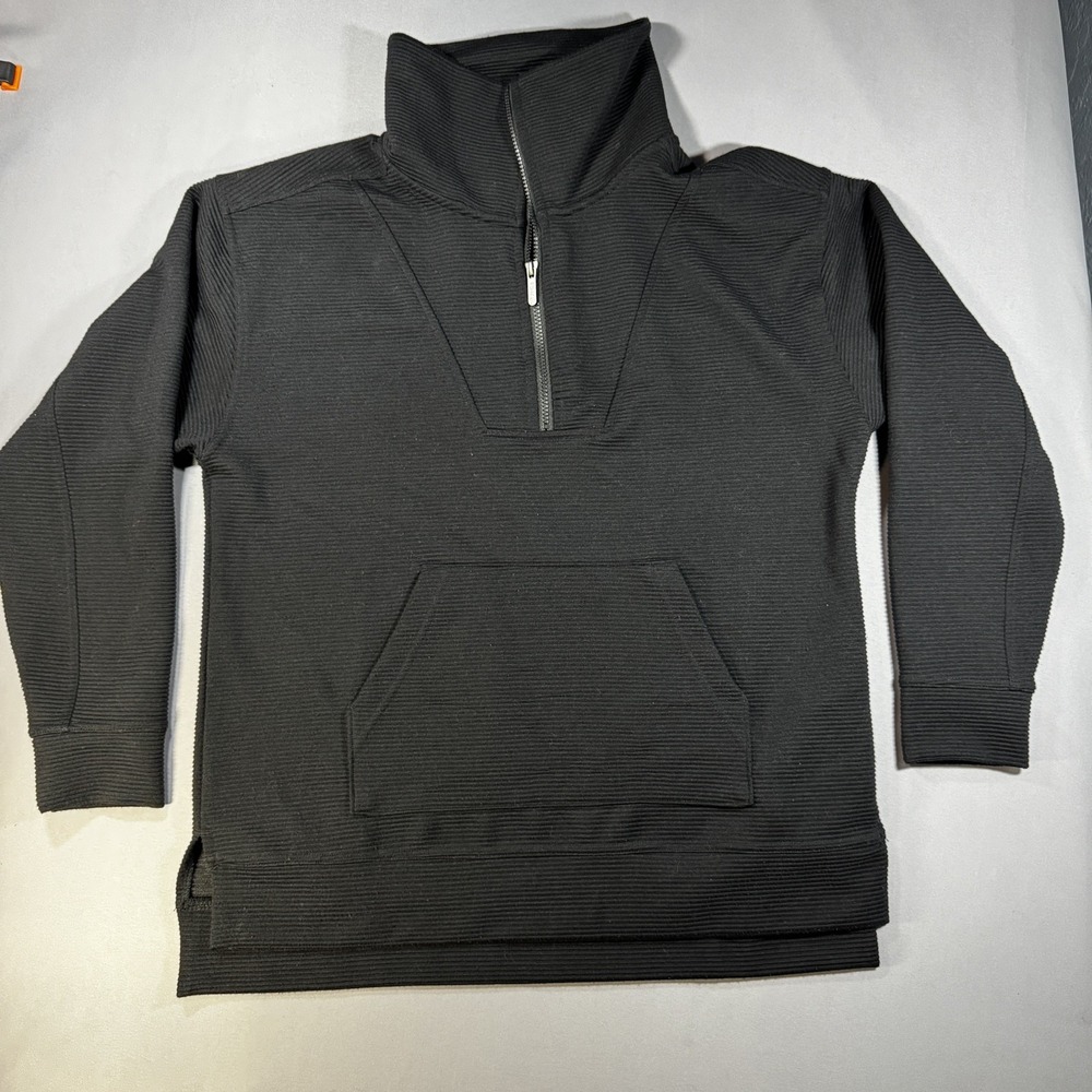 Zella Womens Medium Black Ribbed Quarter Zip Pullover Kangaroo Pocket Sweatshirt